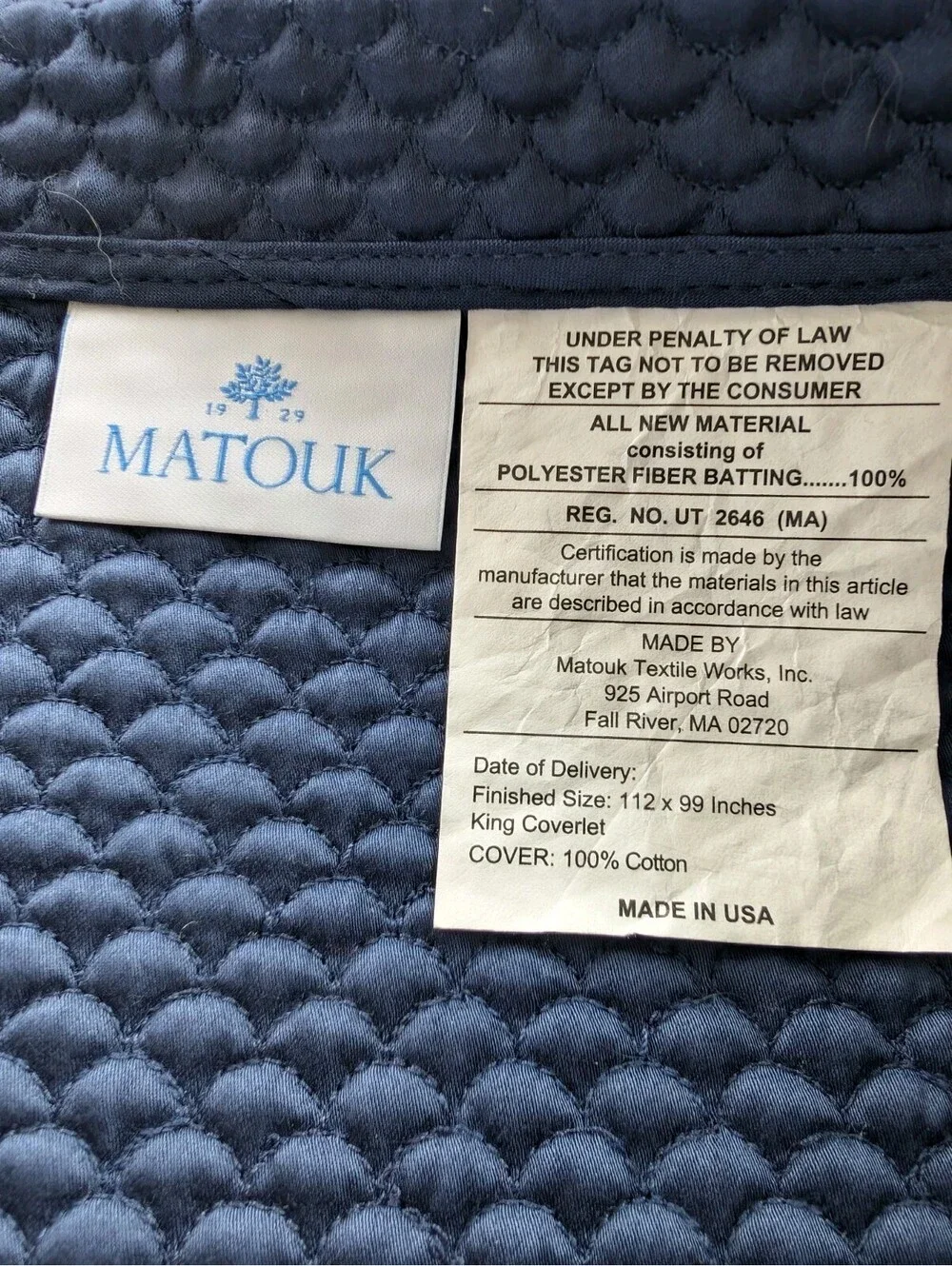 Matouk Matelasse King Coverlet 100% Egyptian Cotton Navy Blue Quiet Luxury